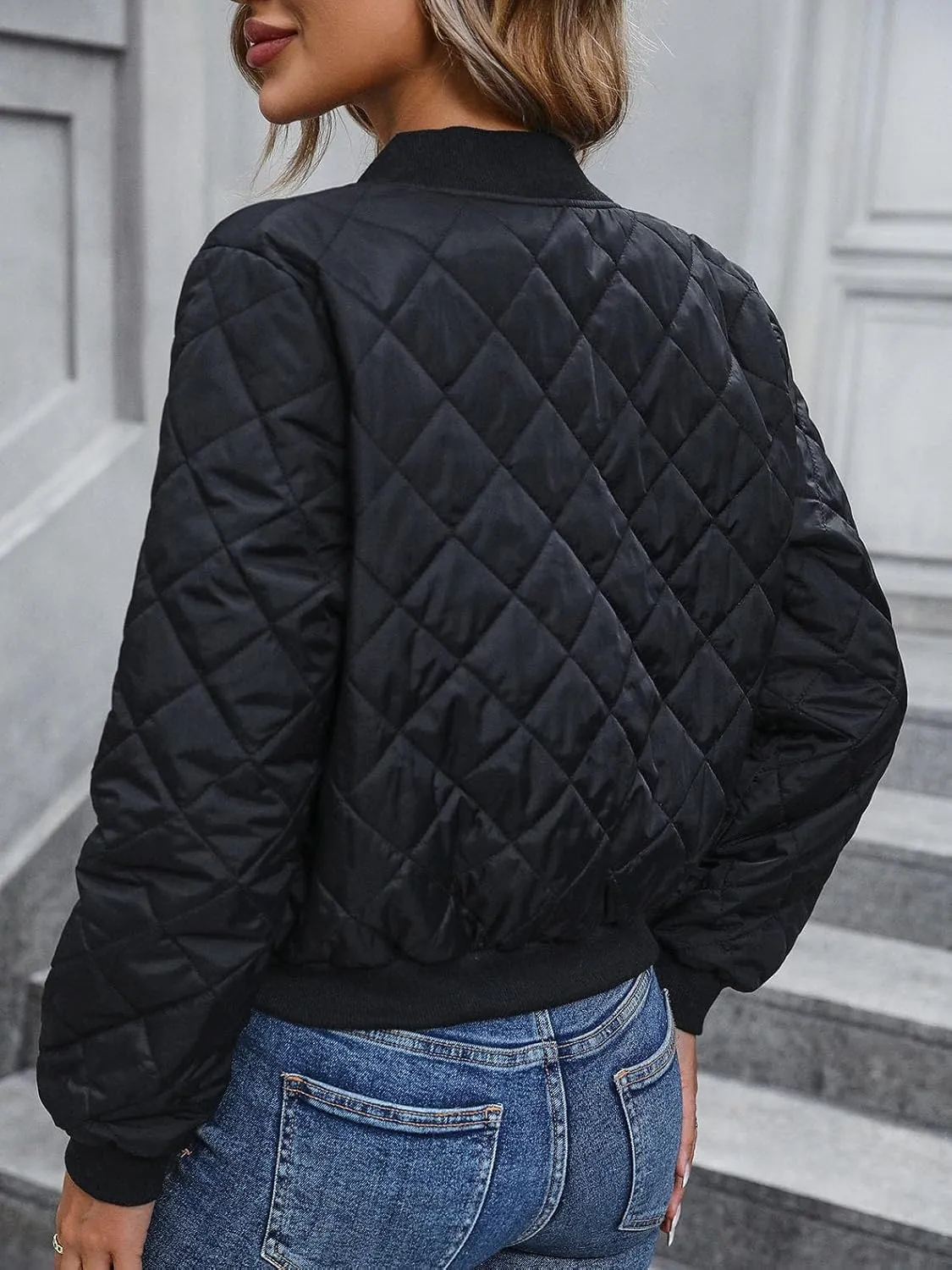 Women's Bomber Quilted Jacket Casual Zip Up Coat Windbreaker Outerwear with Pockets