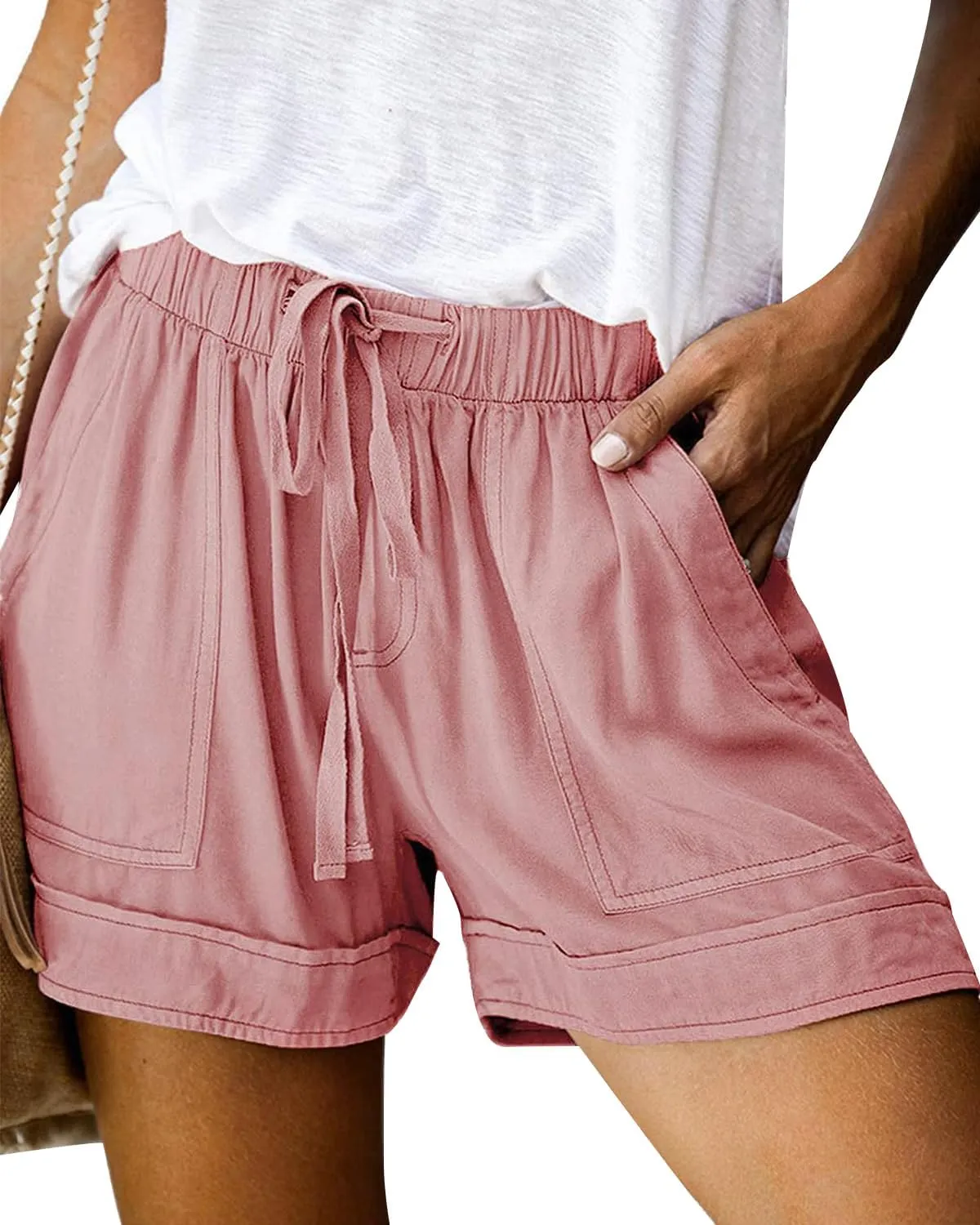 Womens Elastic Waist Drawstring Shorts Beach Shorts Lightweight Athletic Shorts Comfy Short Pants with Pockets