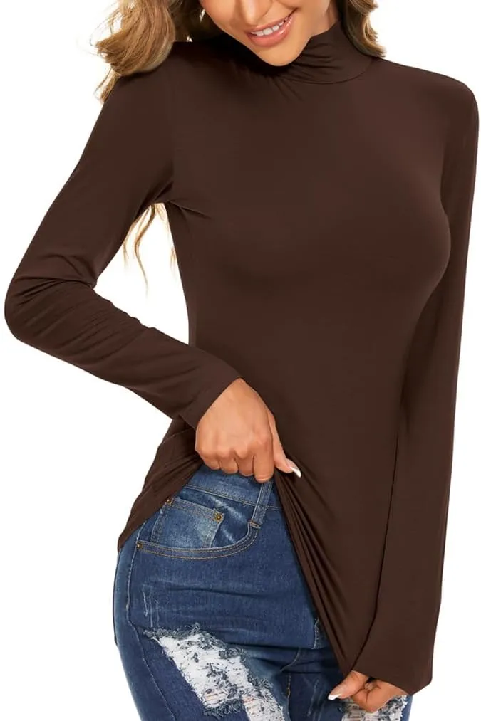 Women's Long Sleeve Mock Turtleneck Tops Casual Slim Fitted Lightweight Under Layer Pullover Shirts