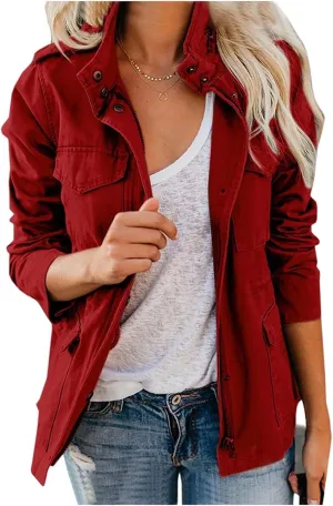 Womens Military Anorak Jacket 2024 Fall Zip Up Snap Button Parka Safari Utility Coat Outwear with Pockets