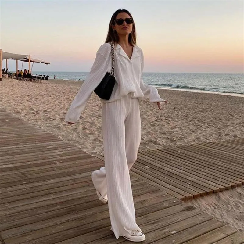 Women's Pleated Two-Piece Set : Notch Lapel Shirt   Straight Trousers