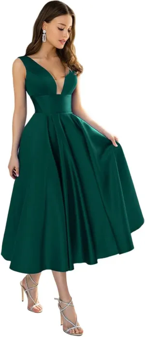 Women's Satin Bridesmaid Dresses Short Tea Length Formal Gowns V-Neck A-line Evening Dress with Pockets
