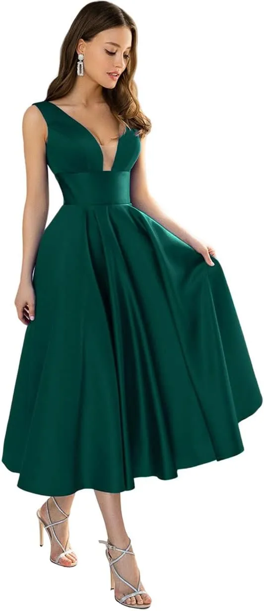 Women's Satin Bridesmaid Dresses Short Tea Length Formal Gowns V-Neck A-line Evening Dress with Pockets