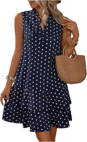 Women's Summer Dresses 2024 Polka Dots V Neck Sleeveless Tank Mini Dress Ruffle Smocked Tiered Layer Sundresses