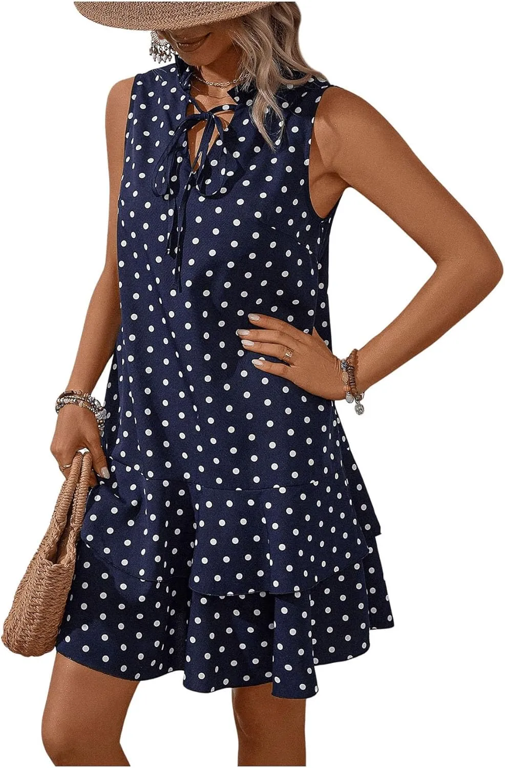 Women's Summer Dresses 2024 Polka Dots V Neck Sleeveless Tank Mini Dress Ruffle Smocked Tiered Layer Sundresses