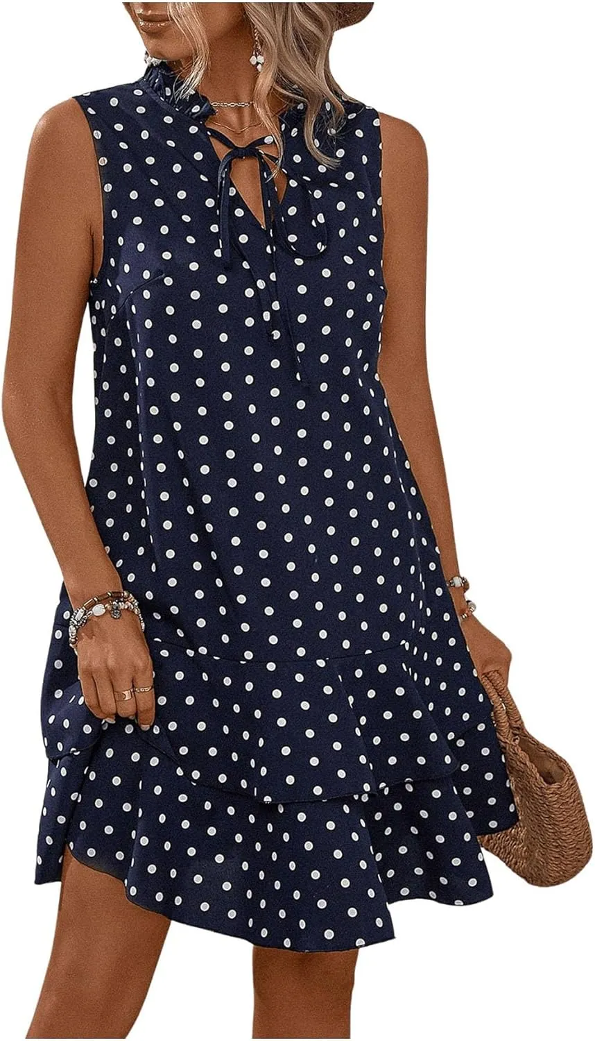 Women's Summer Dresses 2024 Polka Dots V Neck Sleeveless Tank Mini Dress Ruffle Smocked Tiered Layer Sundresses