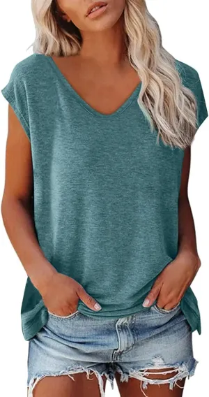 Womens Tops Summer Short Sleeve Shirts Cotton V Neck Basic Cap Sleeve T Shirts Casual Loose Fit Summer Fashion Clothes