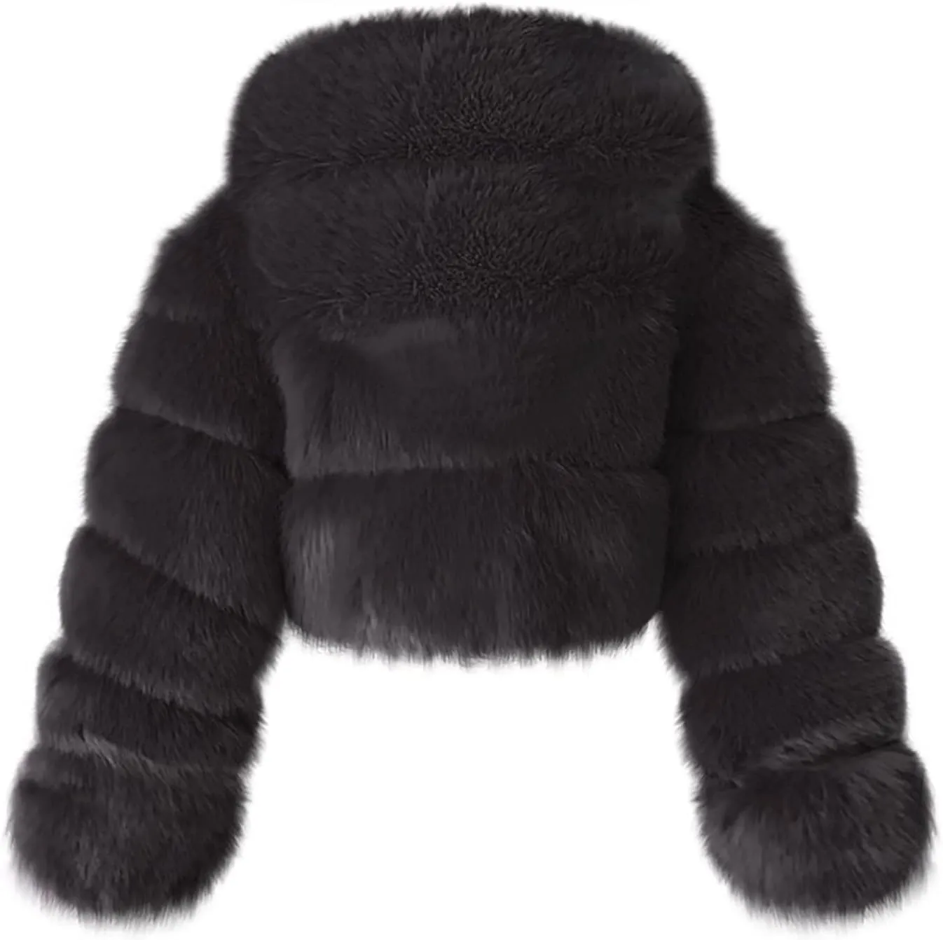 YRAETENM Womens Faux Fur Coat Trendy Zip Up Cropped Bubble Coats Long Sleeve Fleece Warm Short Winter Coats With Fuzzy Hoode