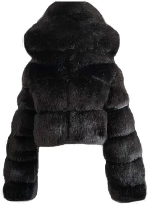 YRAETENM Womens Faux Fur Coat Trendy Zip Up Cropped Bubble Coats Long Sleeve Fleece Warm Short Winter Coats With Fuzzy Hoode