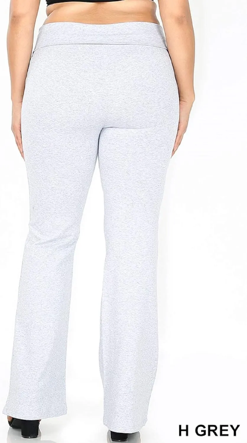 Zenana Women's Plus Size Stretch Cotton Fold Over Waist Flare Leg Yoga Pants